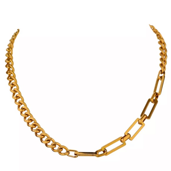 18k Plated Gold Mixed Wide Curb Paperclip Rectangle Chain Necklace - Picture 7 of 10